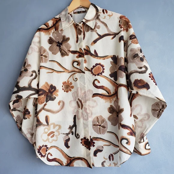 DOROTHEE SCHUMACHER ABSTRACT FLORAL NEUTRAL HIGH, LOW BLOUSE SIZE S/M - Picture 1 of 16